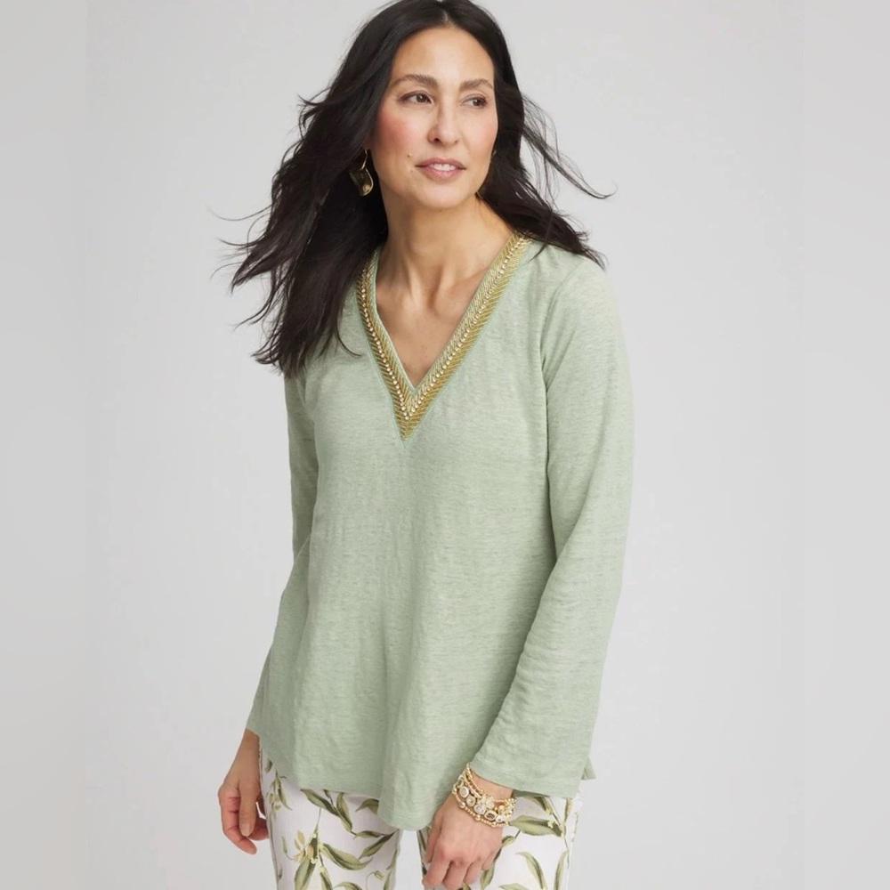 RARE Chico’s Woman Embellished Tunic Kurta Linen Sage Green Blouse Size 4